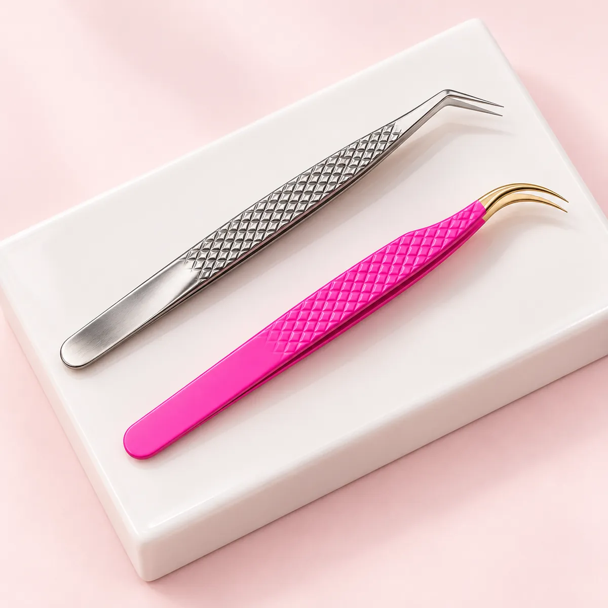 Complete silver angled and pink curved precision lash tweezers