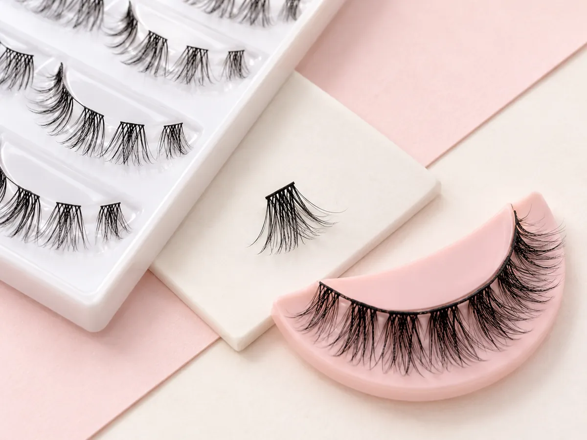 Short segmented lash clusters beside a complete continuous full-strip band
