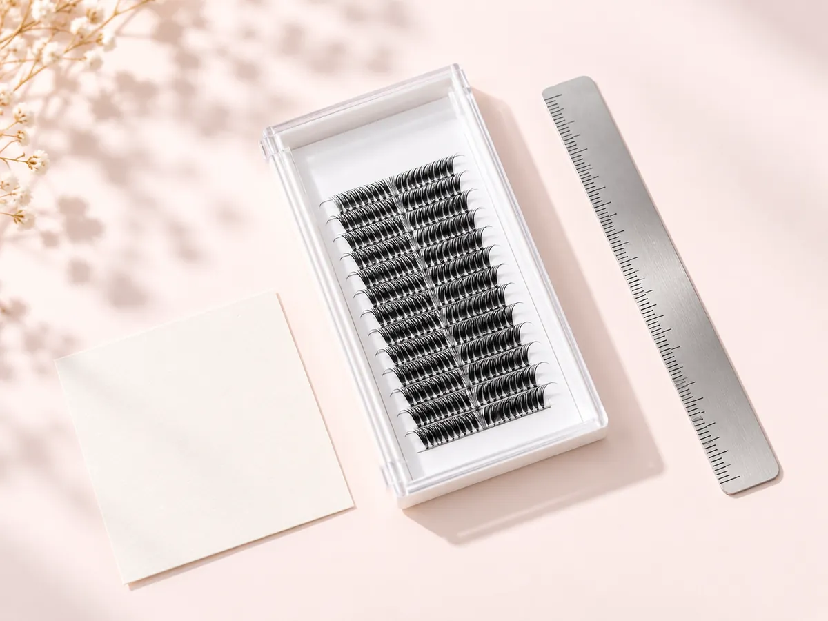 Professional lash tray beside an unnumbered ruler and a blank note