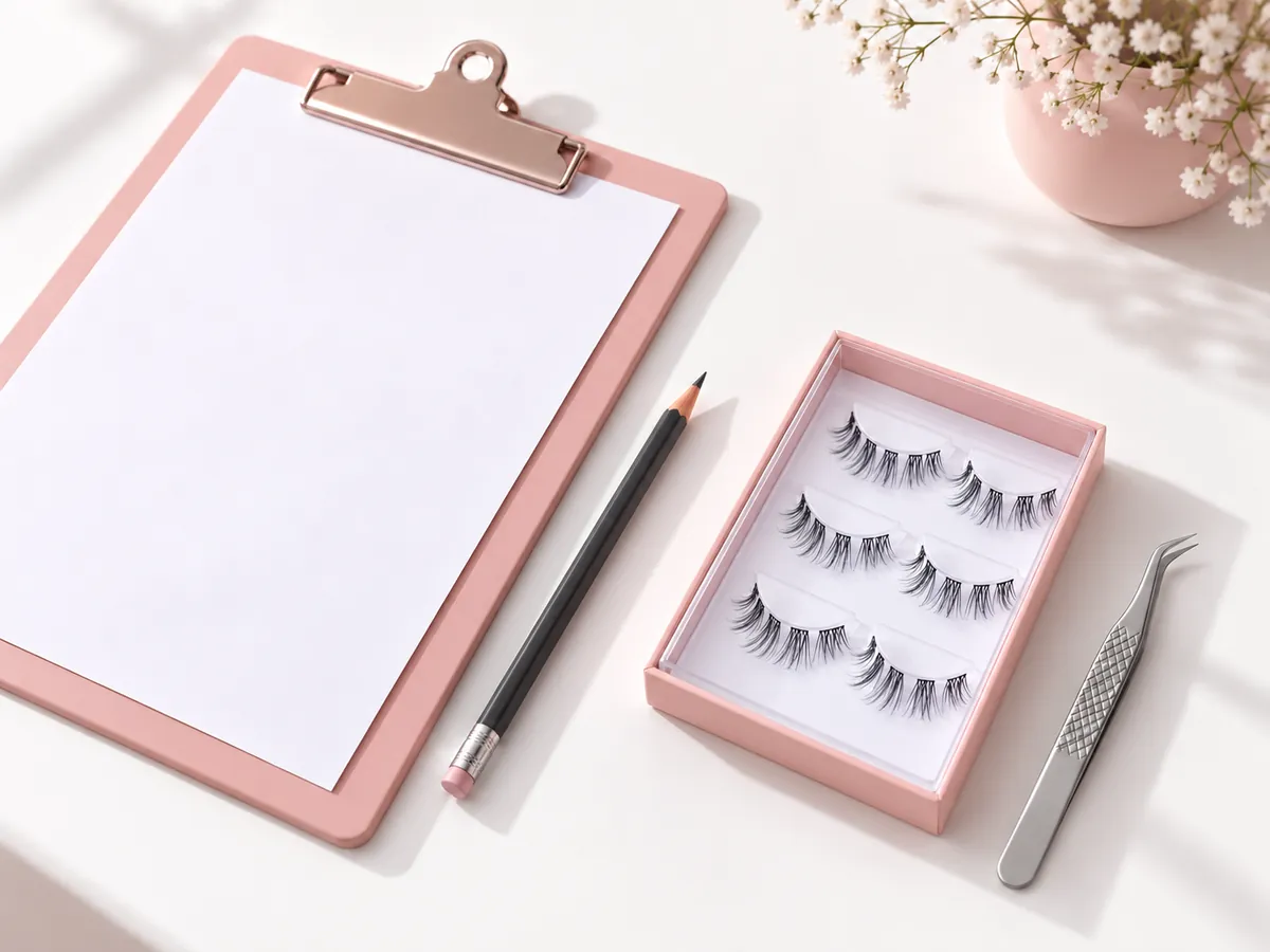 Lash box and precision tweezer beside a blank enquiry preparation sheet