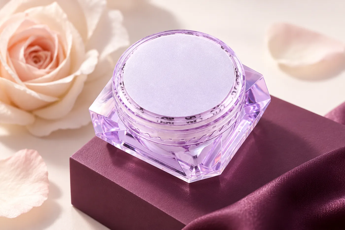 Closed faceted lilac remover jar showing its round lid