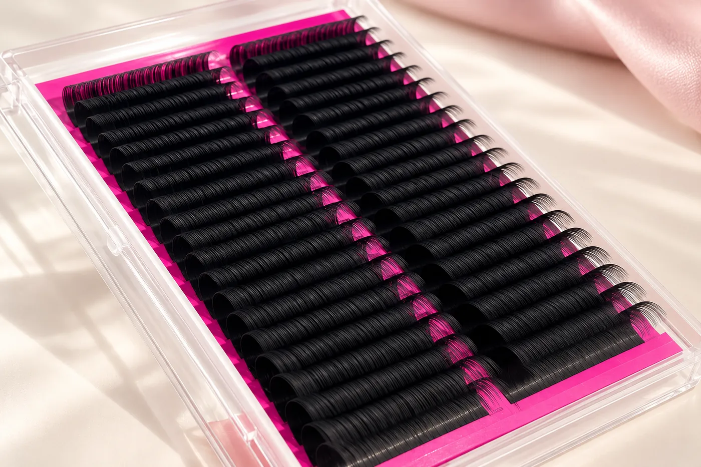 Open professional black lash tray with a pink insert and visible curled rows