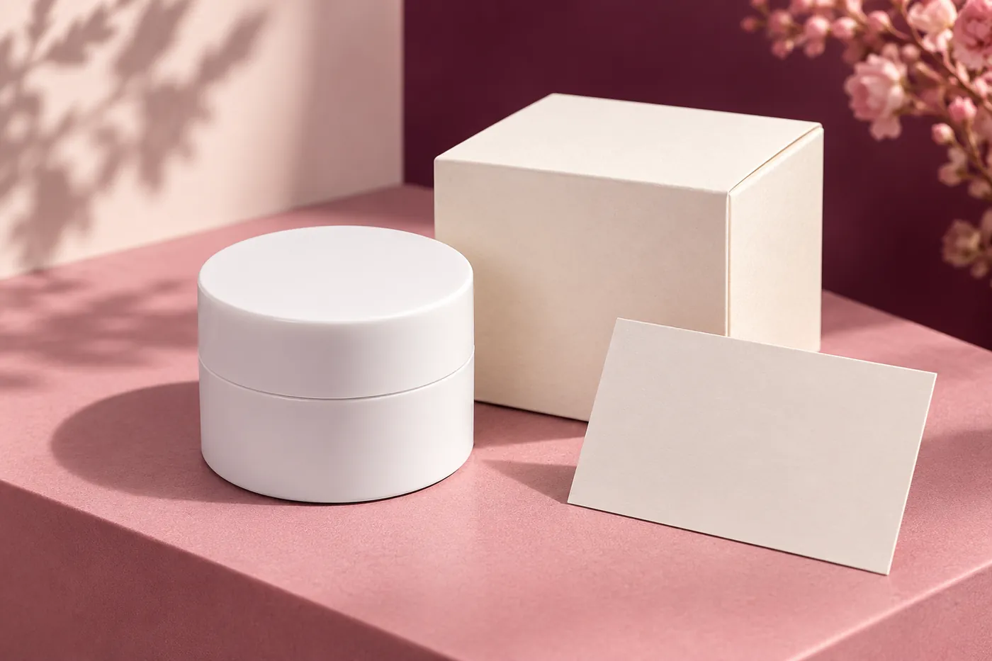 Closed white remover jar beside a plain carton and blank information card