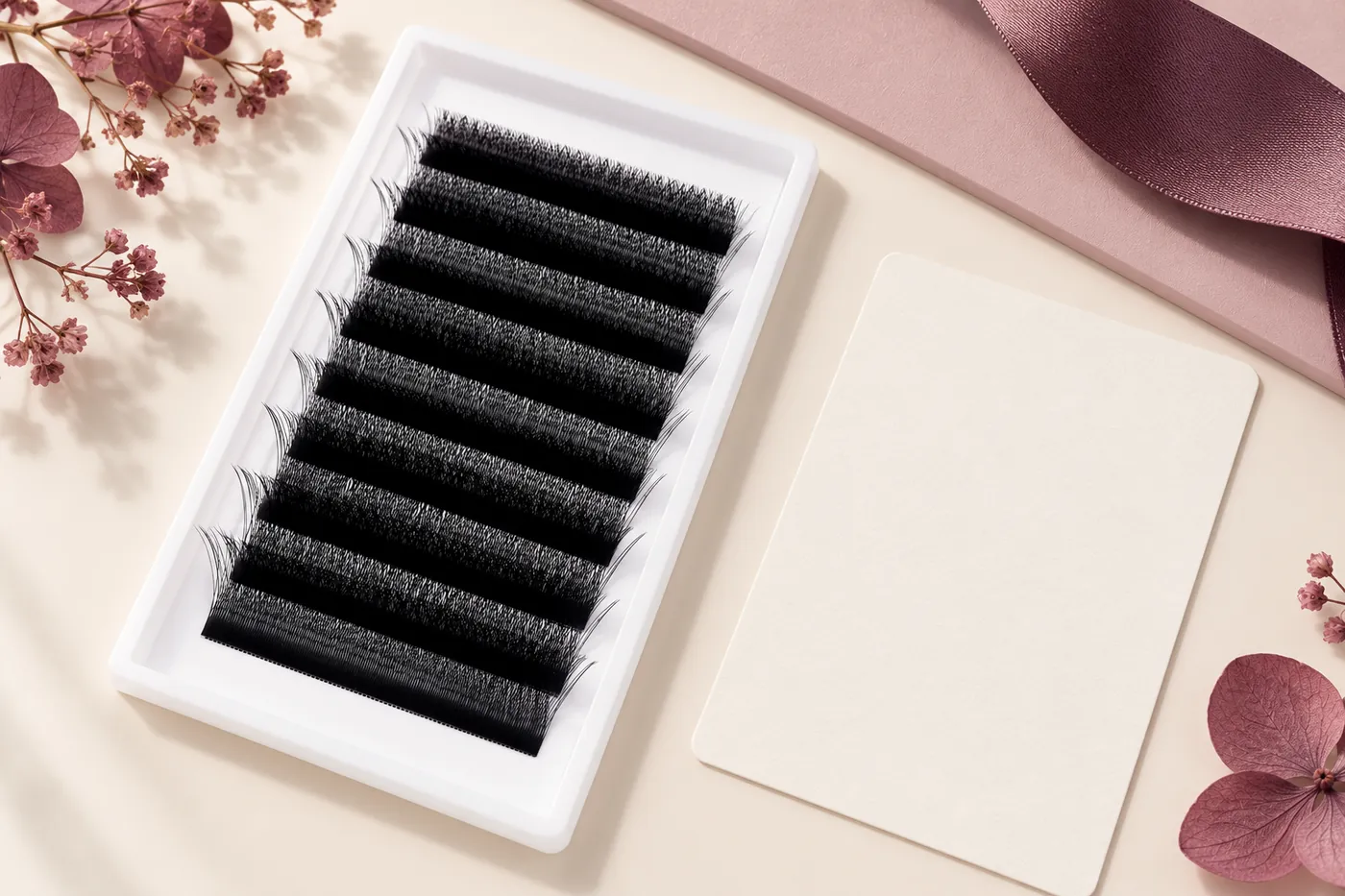 Top-down white forked-lash tray beside a blank variant record card