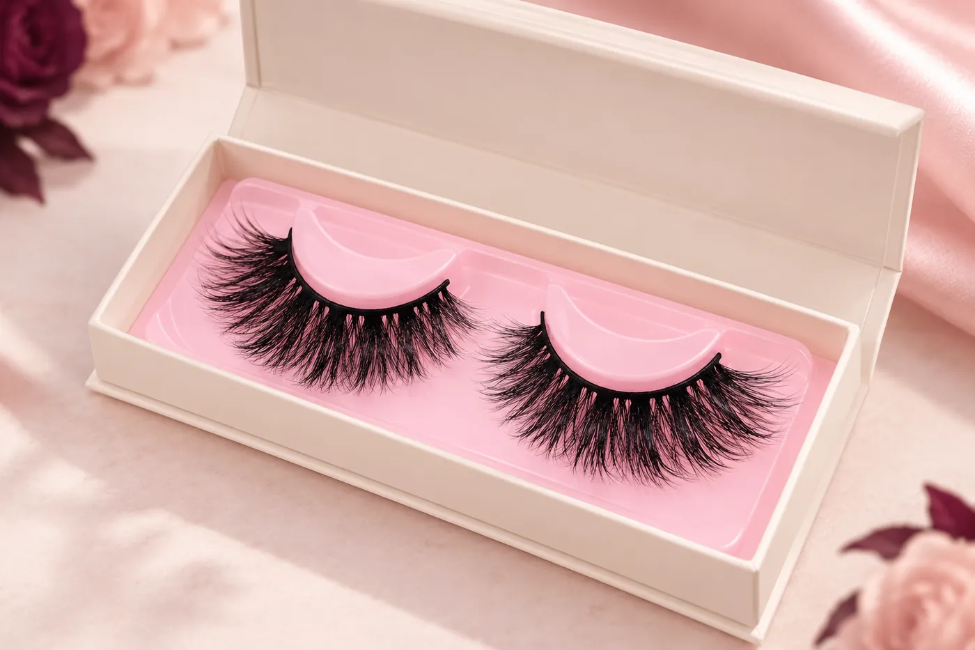 Black full-strip lash pair on a pink crescent holder inside a plain cream carton