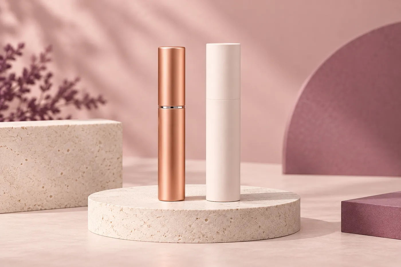 Closed rose-gold dual-ended cylinder with a plain cream sleeve