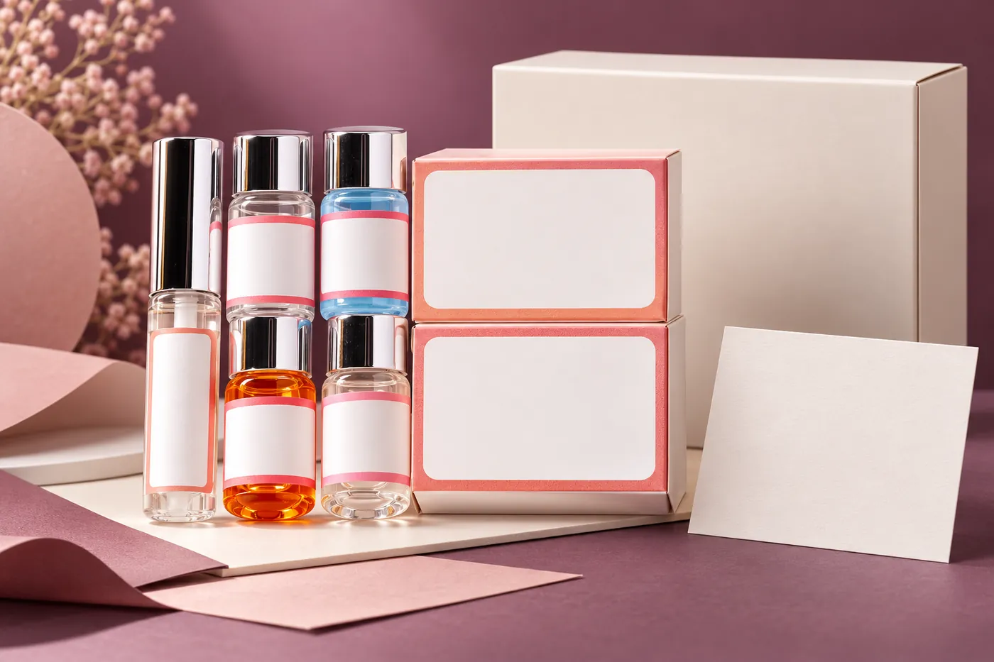 Closed kit containers beside a plain outer carton and blank artwork card