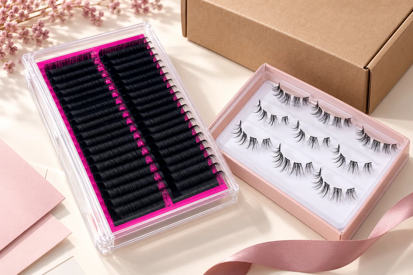 Professional and cluster lash trays beside an unprinted shipping carton