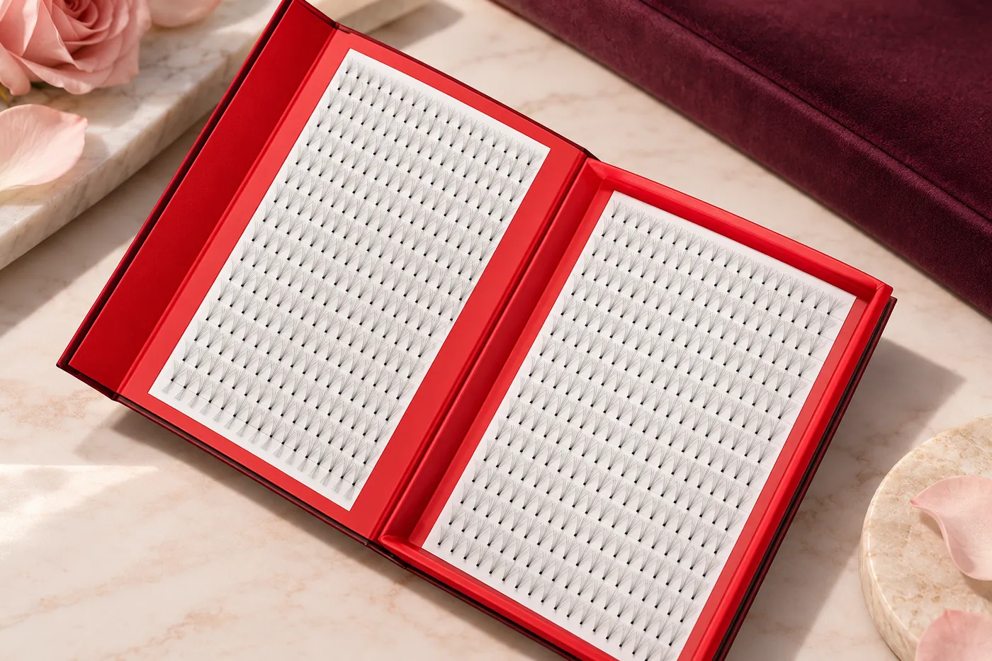 Tiny separated pointed-base premade lash fans on a white insert in a red tray