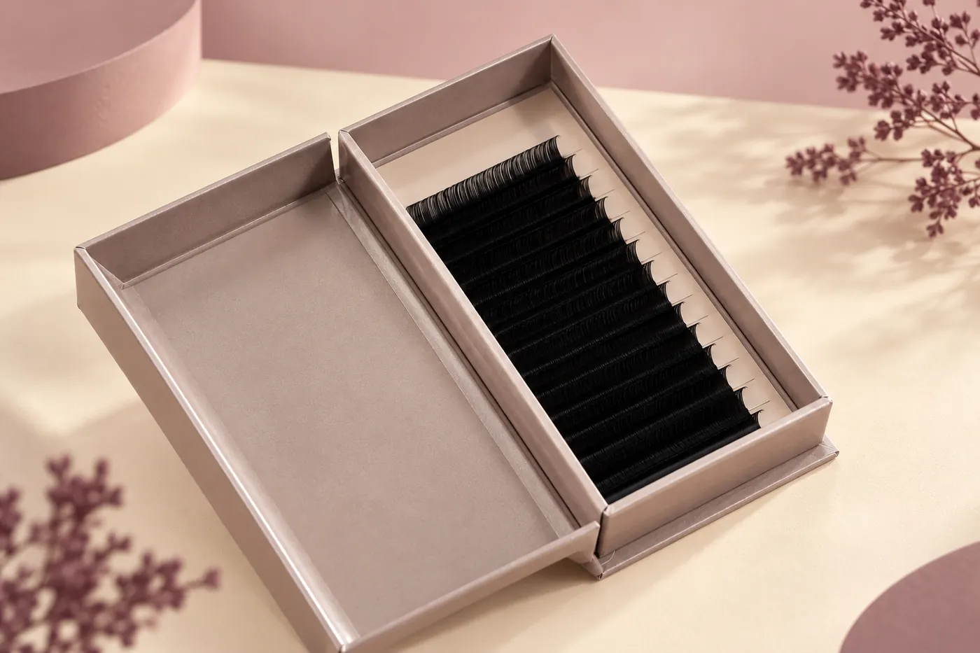 Open taupe professional lash carton containing continuous black lash rows