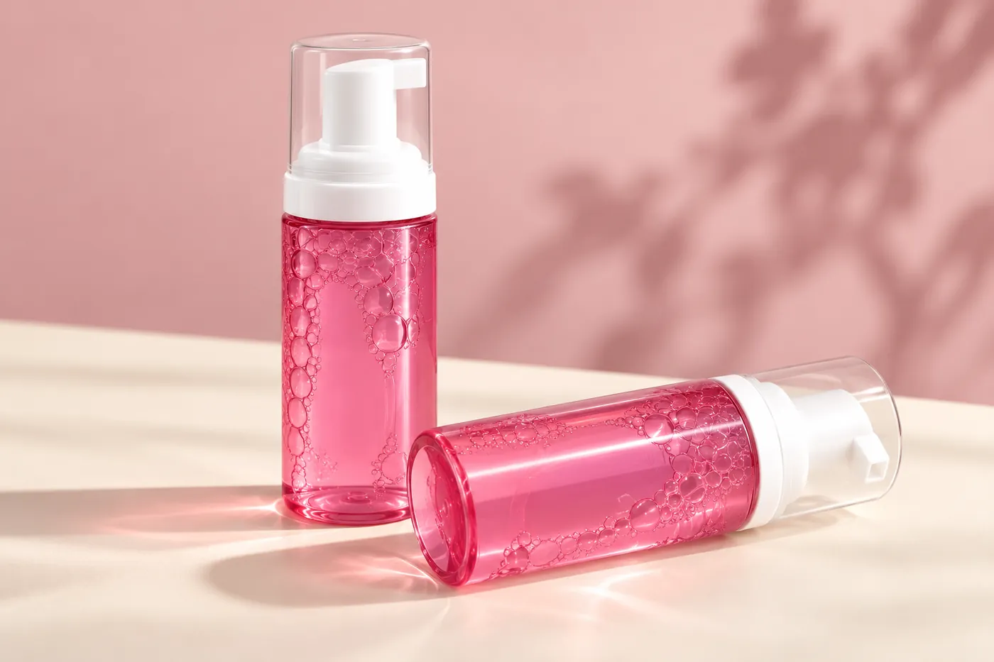 Pink foam-pump bottles with white pumps and clear caps