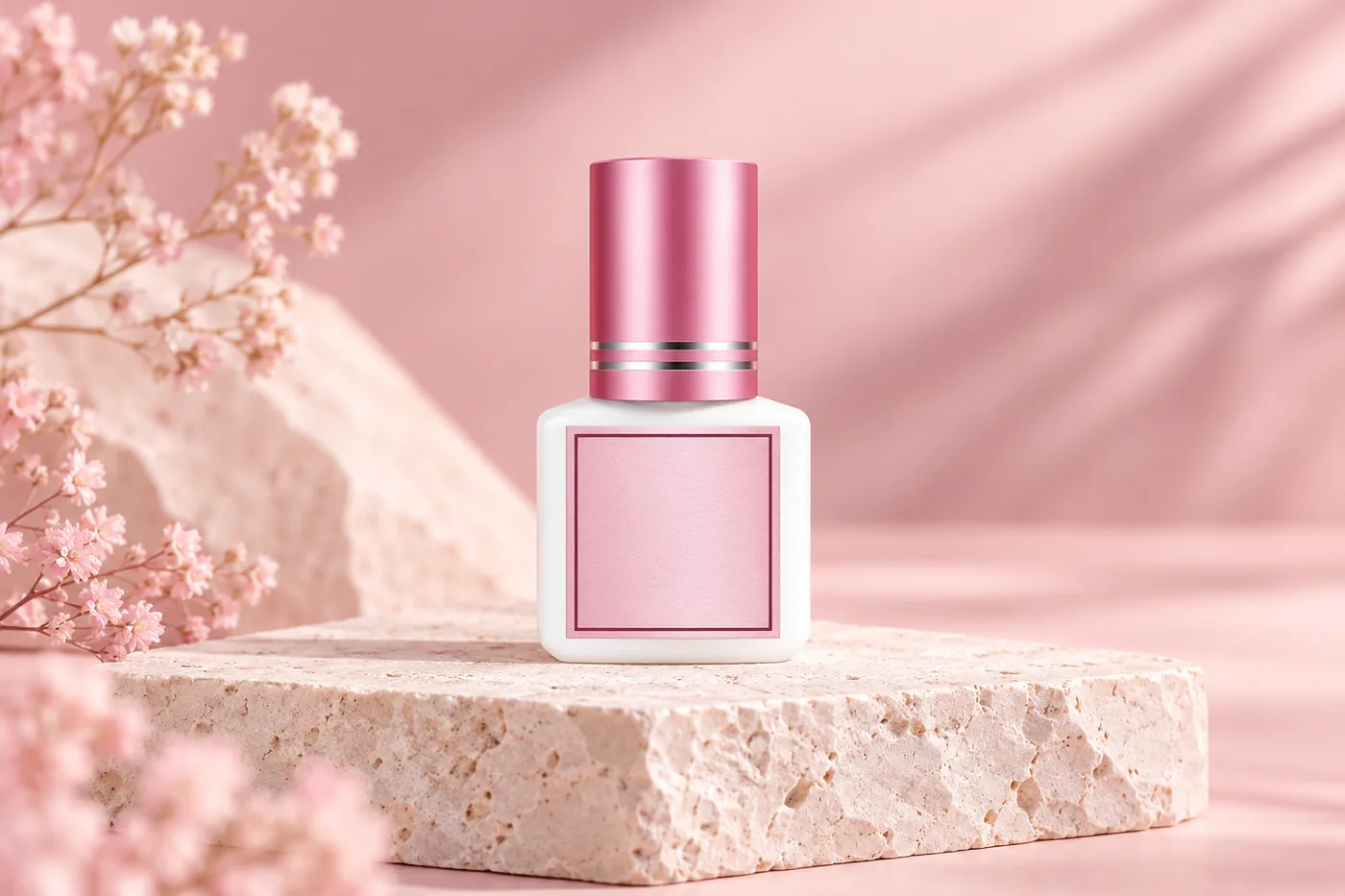 Closed square white adhesive bottle with a tall metallic rose cap and blank front label