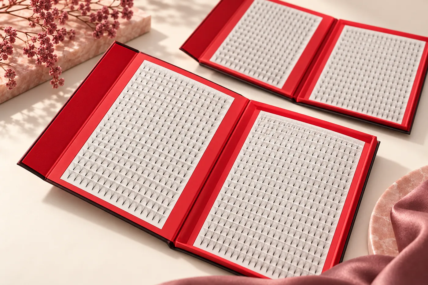 Separate pointed premade lash fans arranged in open red sample trays