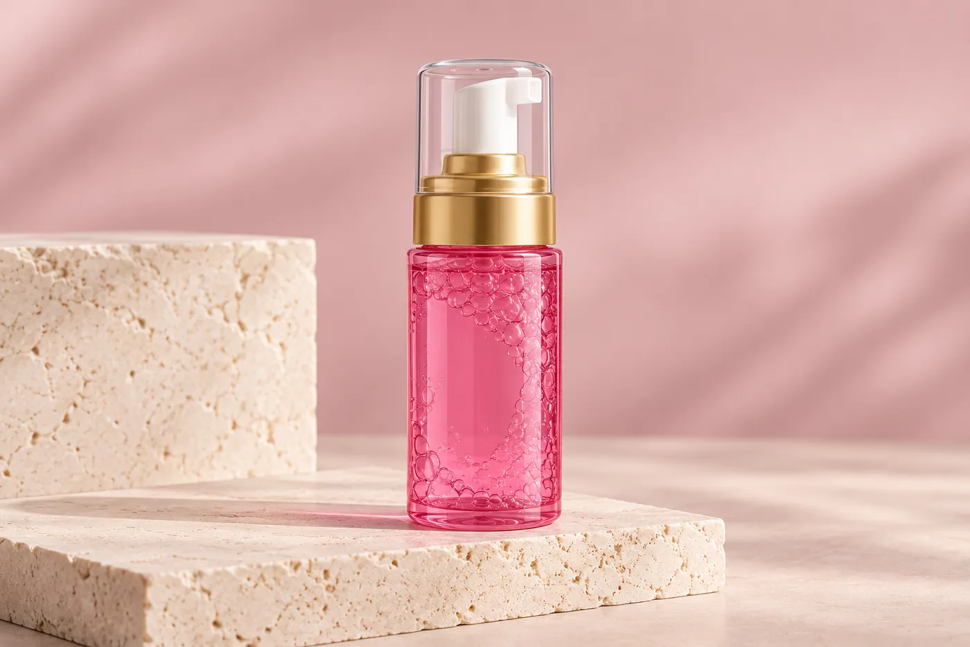 Closed pink cleanser bottle with gold pump and clear protective cap