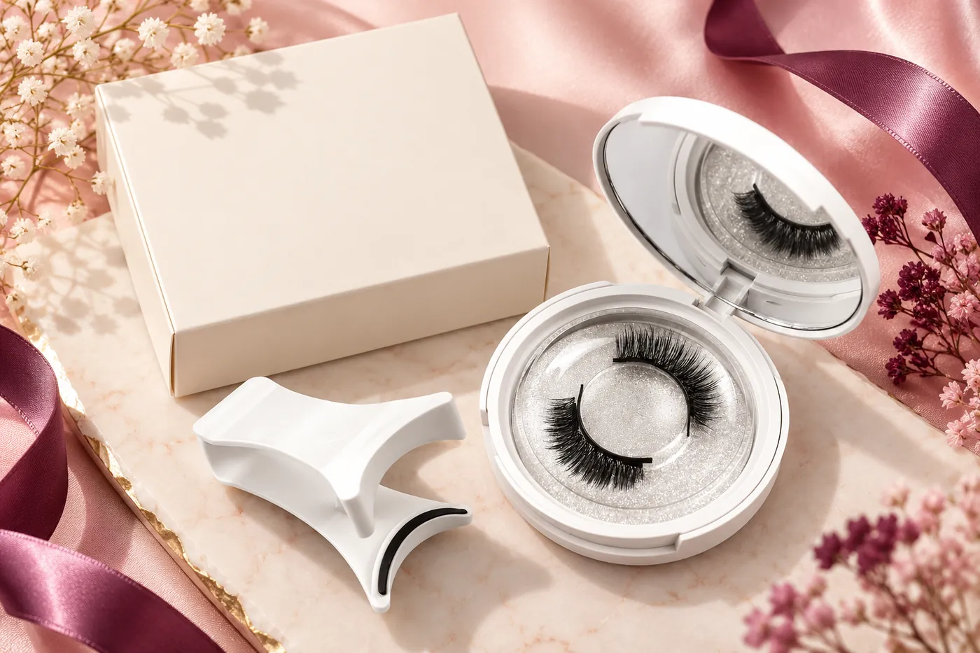 White magnetic lash compact and applicator beside a plain cream carton