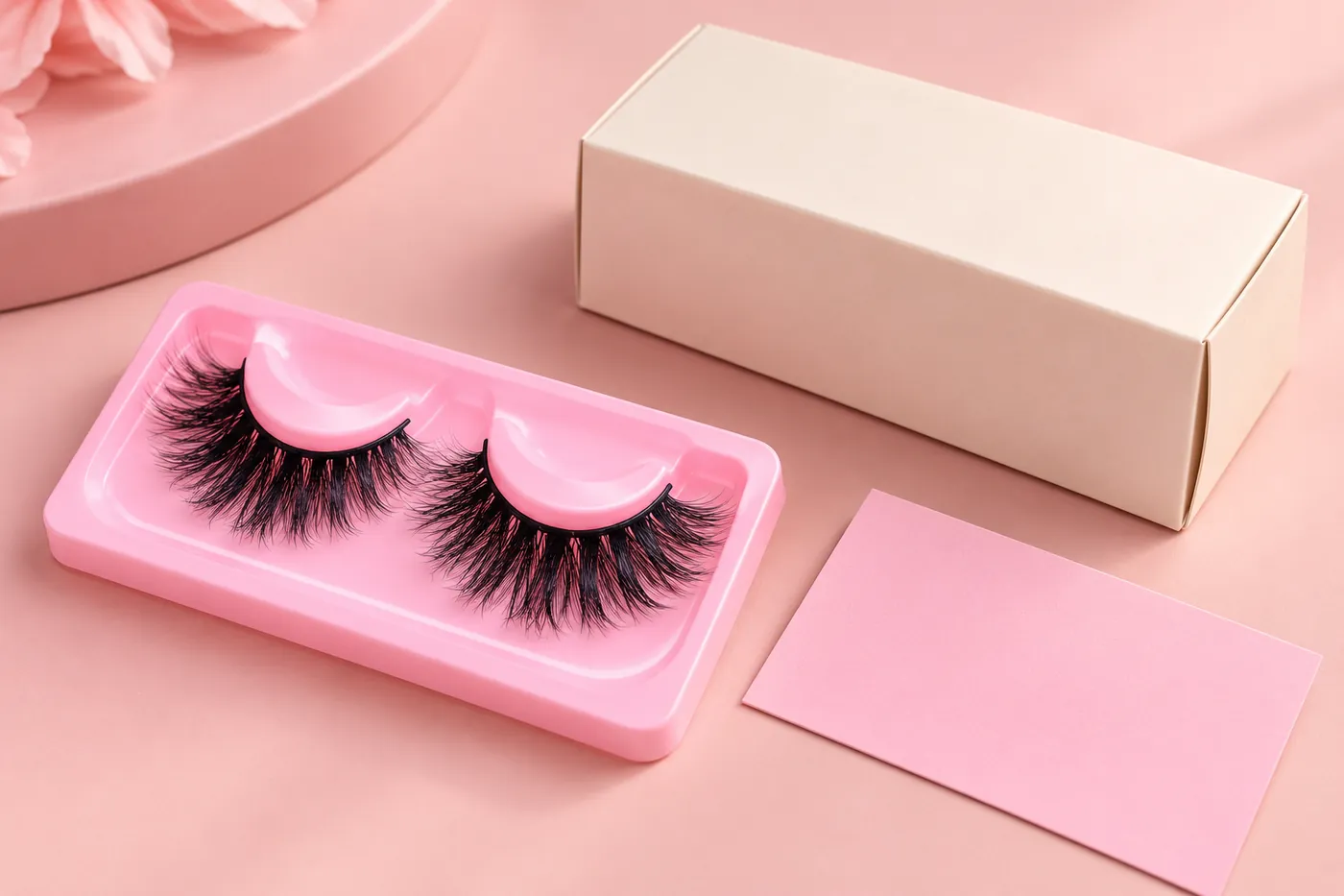 A full-strip lash pair beside a blank card and unprinted folding carton