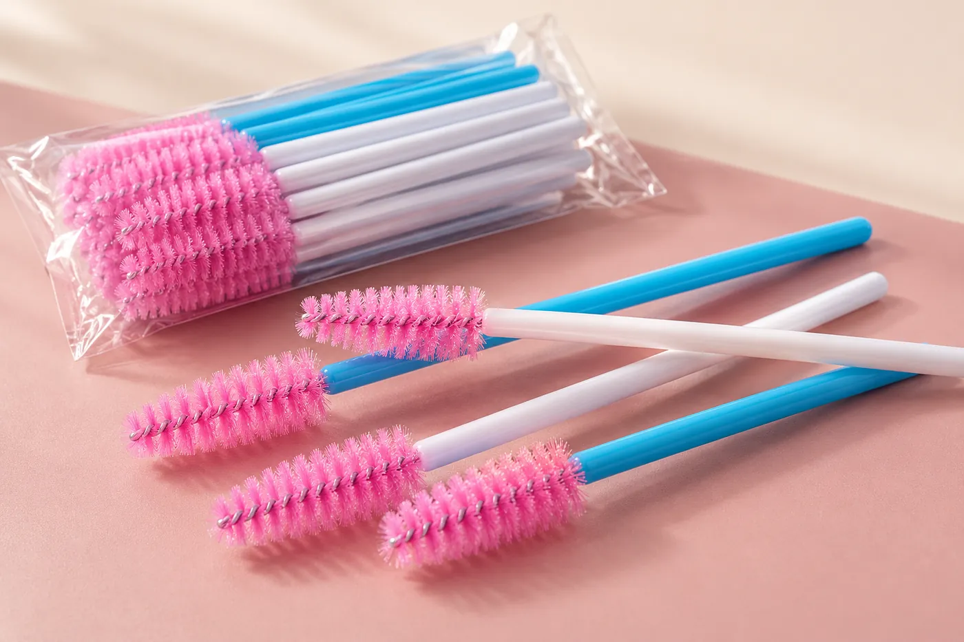 Pink spoolie heads on blue and white handles with a separate clear sleeve
