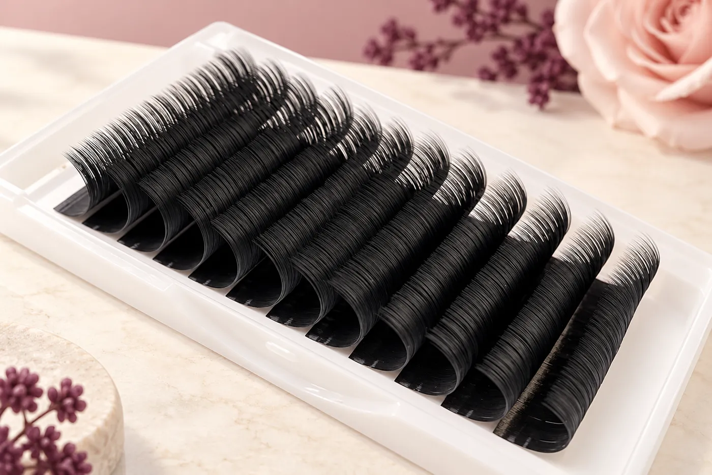 Clear tray of continuous black easy-fan lash rows on cream stone