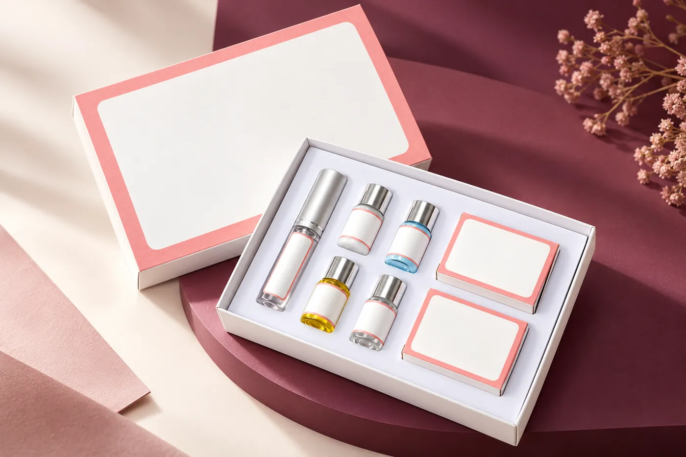 Open white and peach-edged lash-lift kit reference with closed silver-cap bottles
