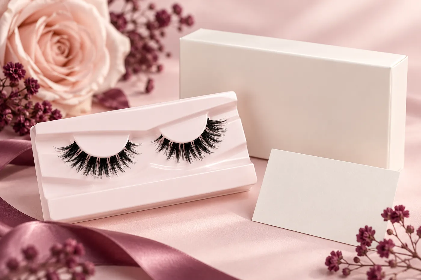 Shorter lash pair on a pink holder beside a plain ivory carton and blank style card