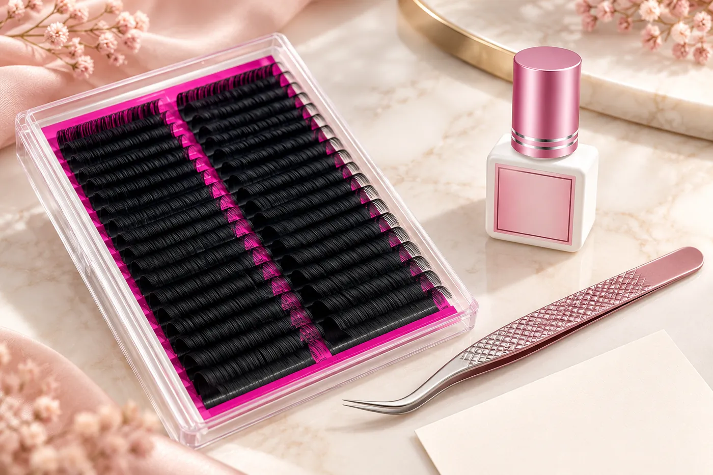 Professional lash tray, closed adhesive bottle and precision tweezers on a planning desk