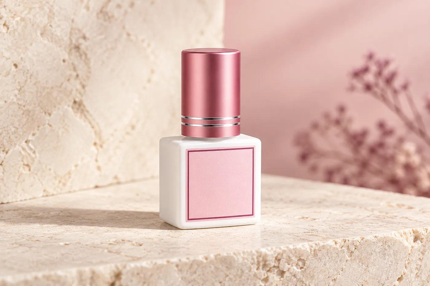Closed white square adhesive bottle with metallic rose cap and a blank pink label