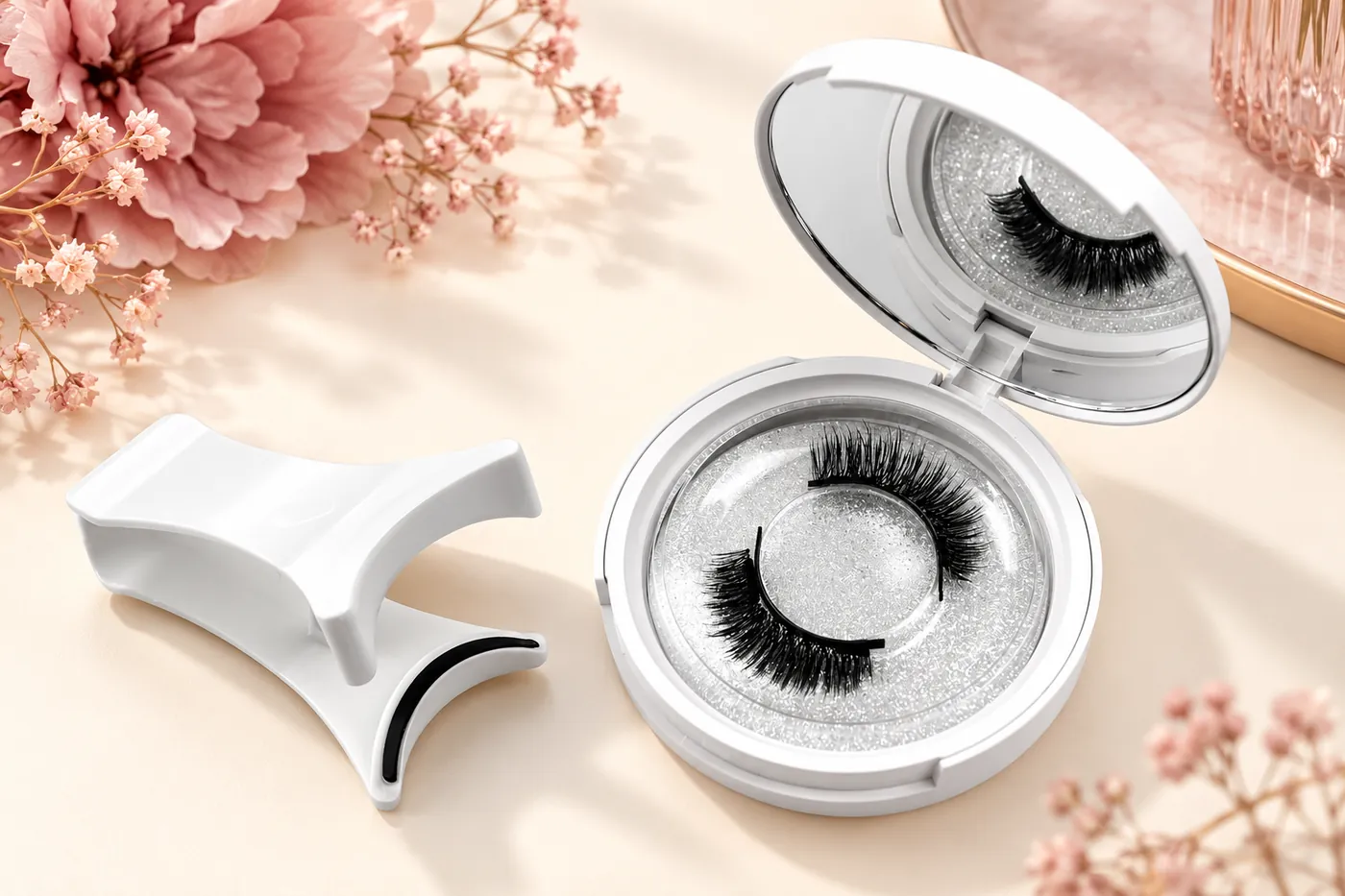 Open white magnetic lash compact with black lash pair and separate white applicator