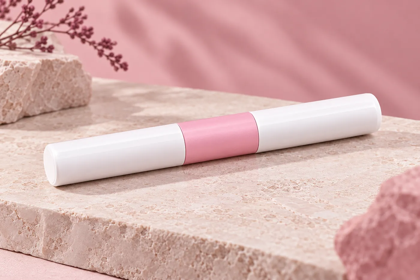 Closed pink-and-white dual-ended cylindrical tube on pale stone