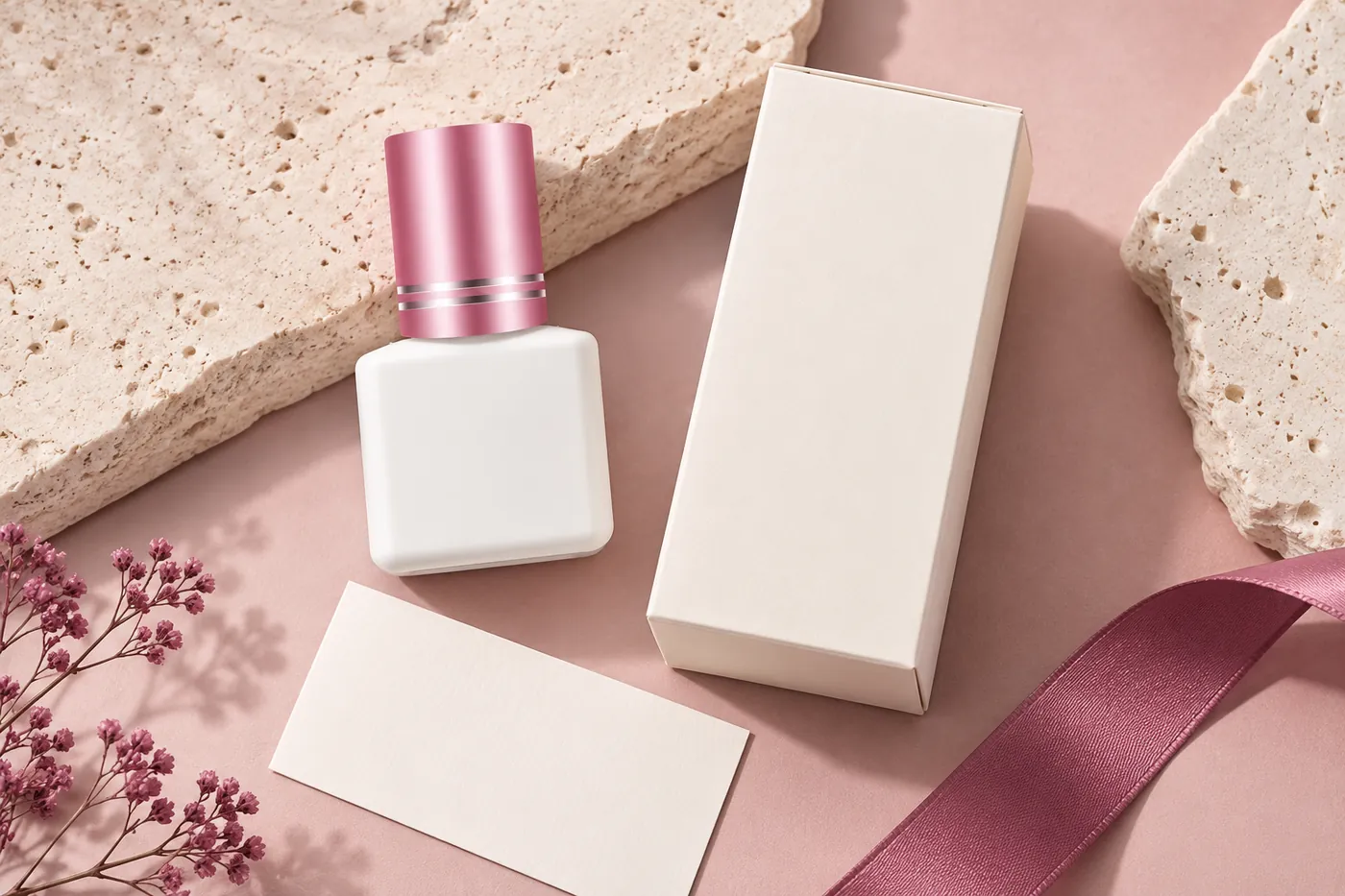 Closed white adhesive bottle beside a plain narrow carton and blank variant card