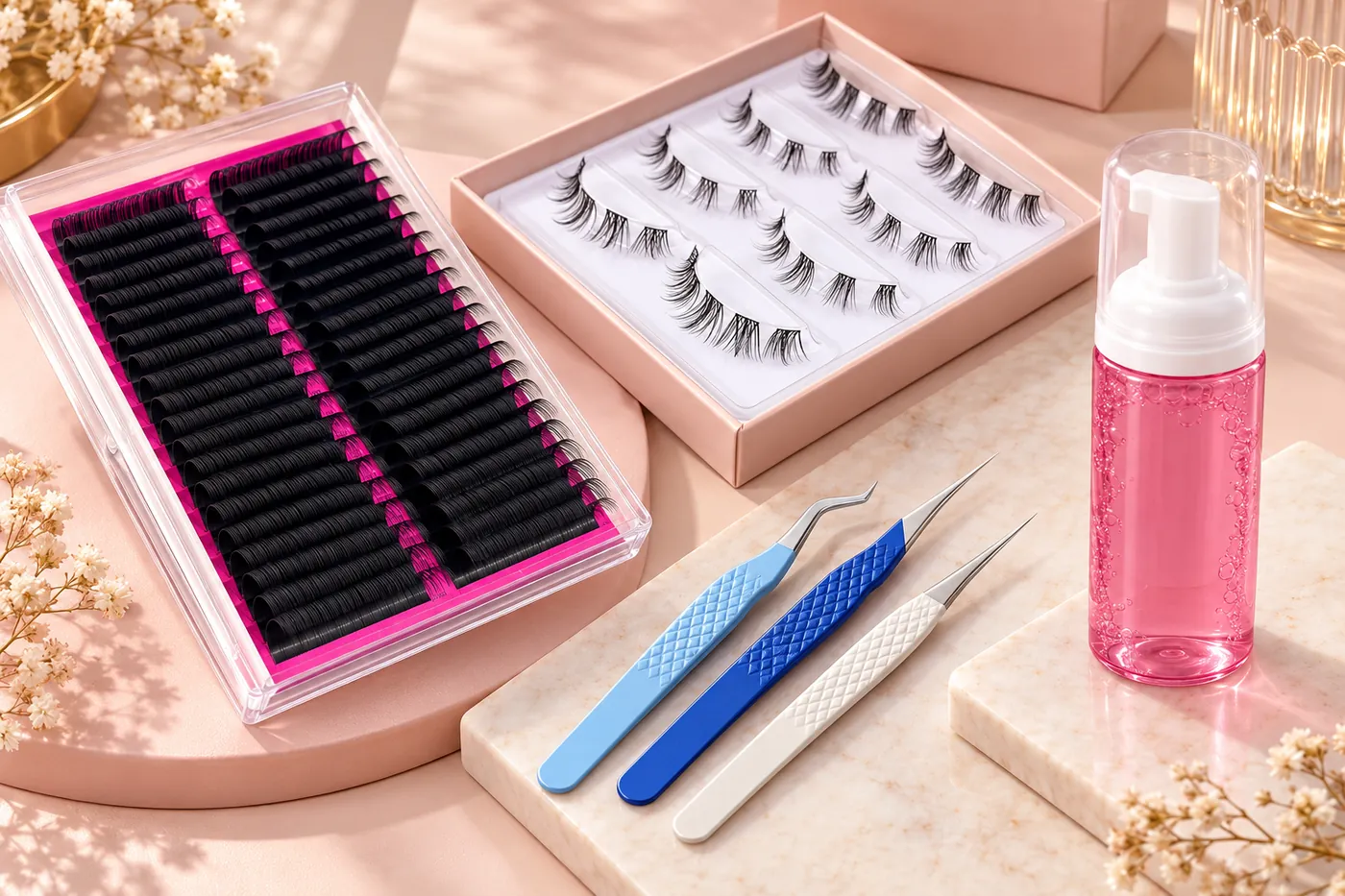 Professional lash tray, DIY cluster tray, tweezers and a foam-pump bottle arranged as separate sourcing lines