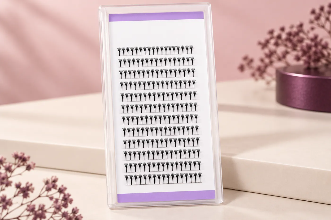 Clear tray of small tapered black spire lash units arranged in rows