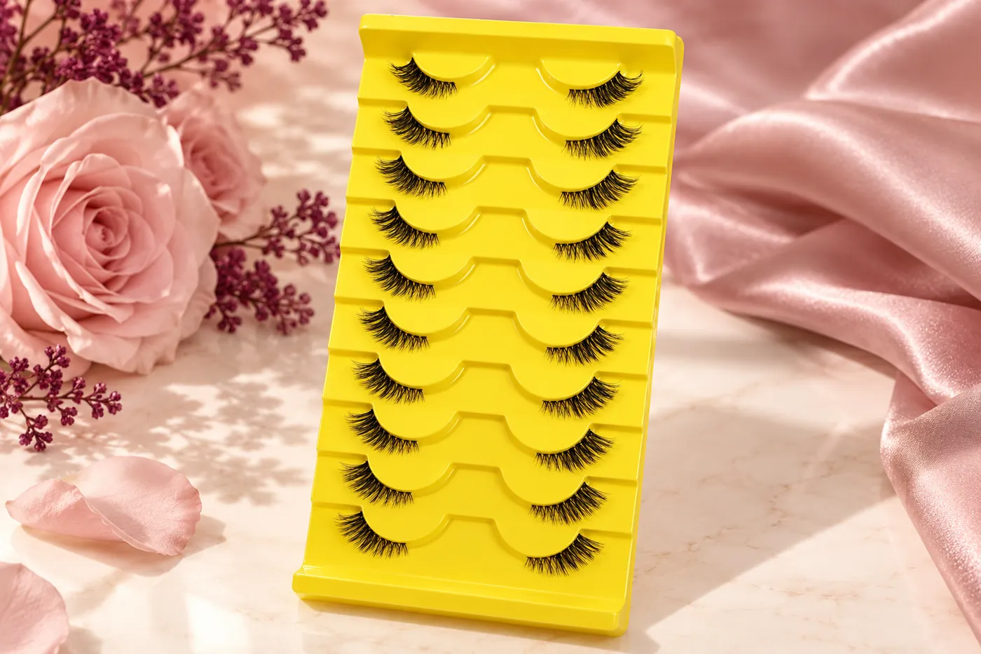 Yellow tray containing shorter curled half-eye lash pairs