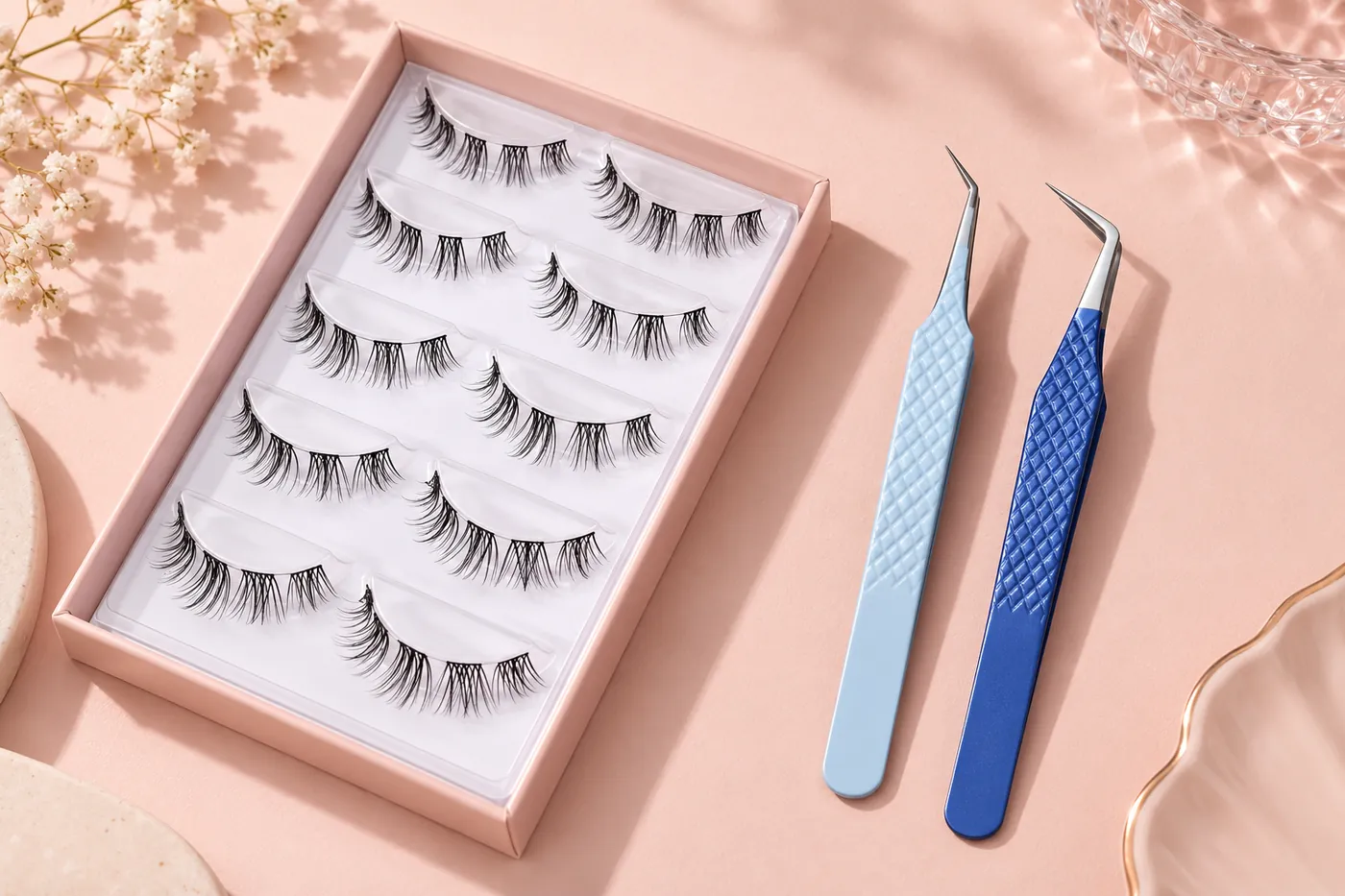 A segmented cluster tray and precision tweezers displayed separately on a pink desk