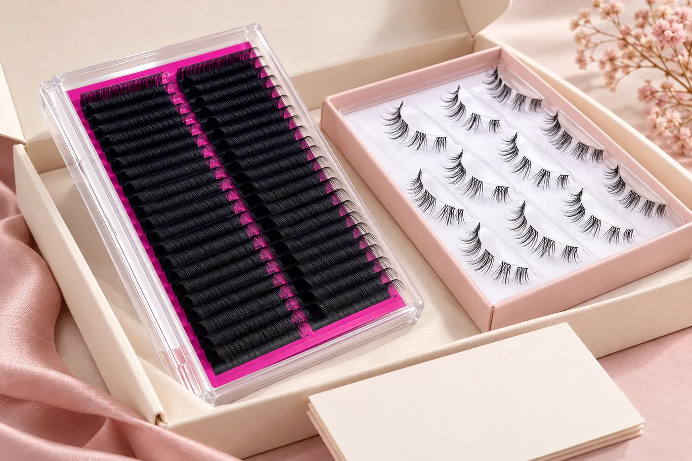 Two lash tray categories beside a plain packing carton and blank item-list card