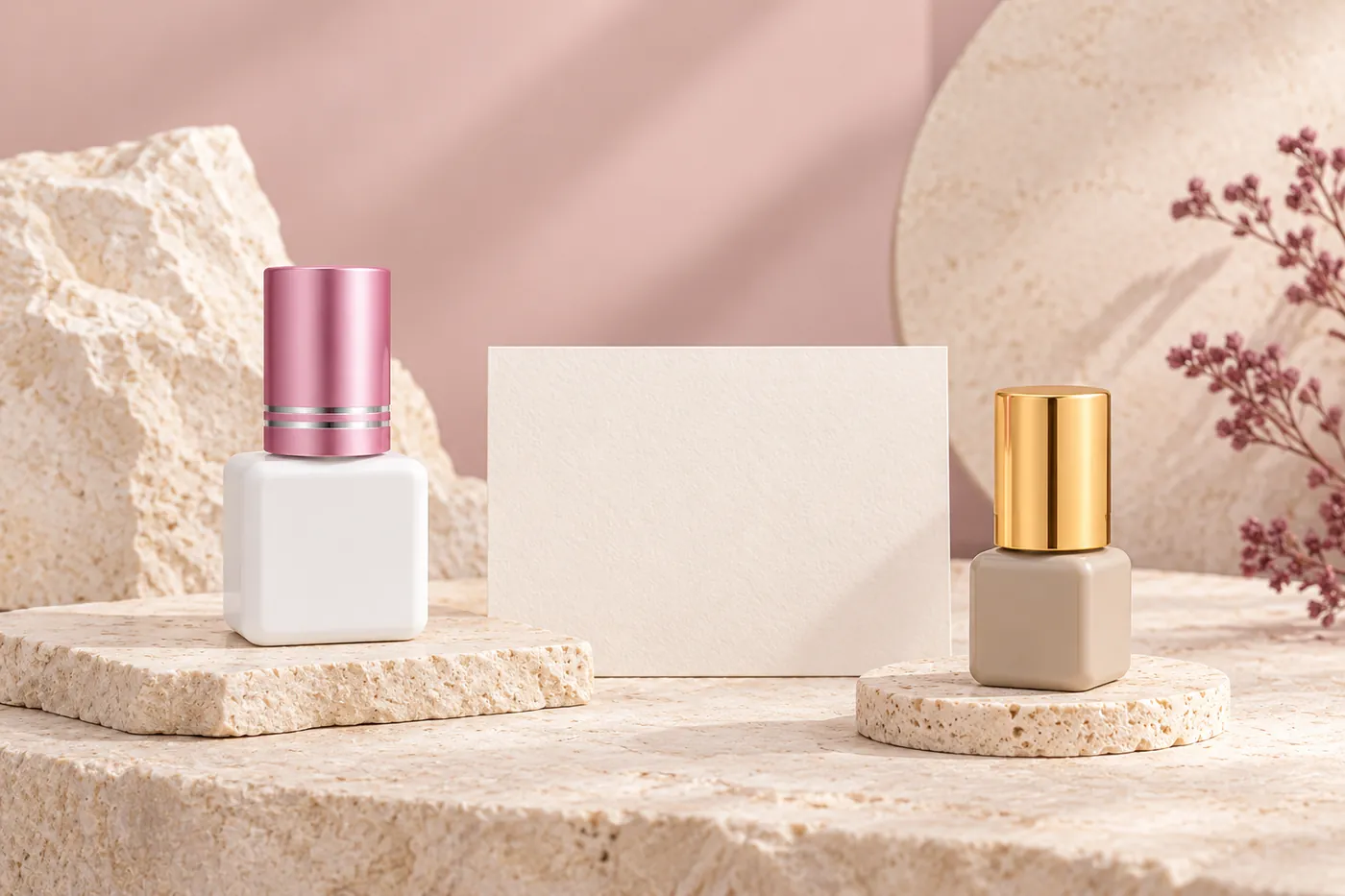 Two separate closed square professional adhesive bottle references beside a blank card
