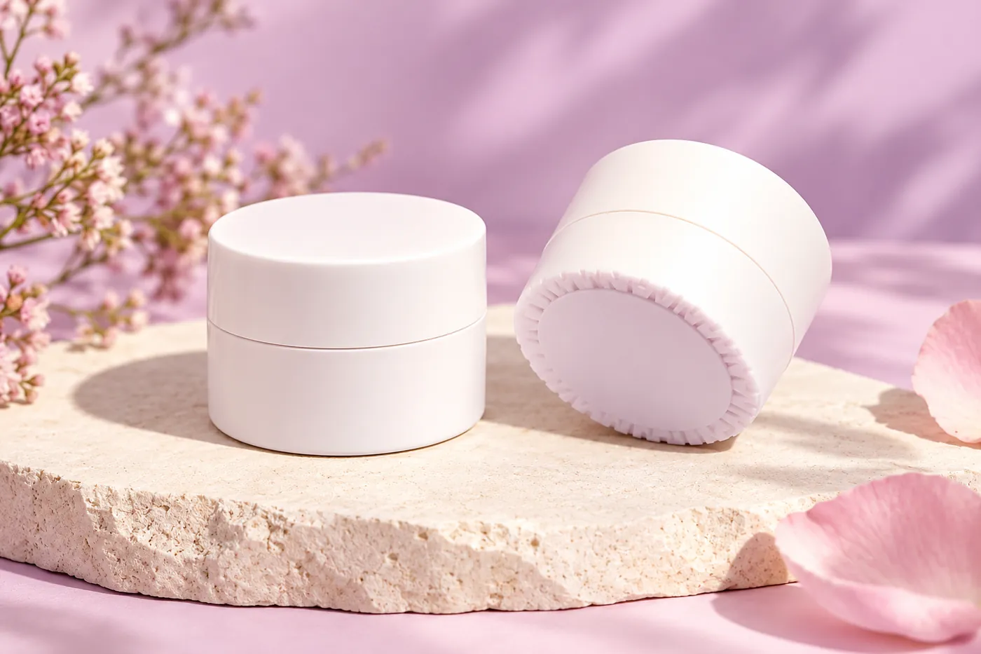 Small closed white remover jars on an ivory surface with a pale lilac-pink background