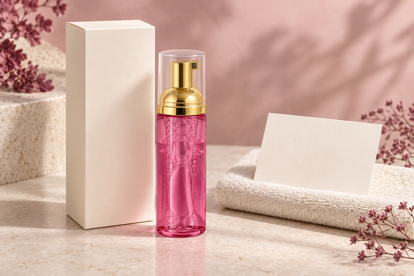 Pink pump bottle beside a plain cream carton and blank information card