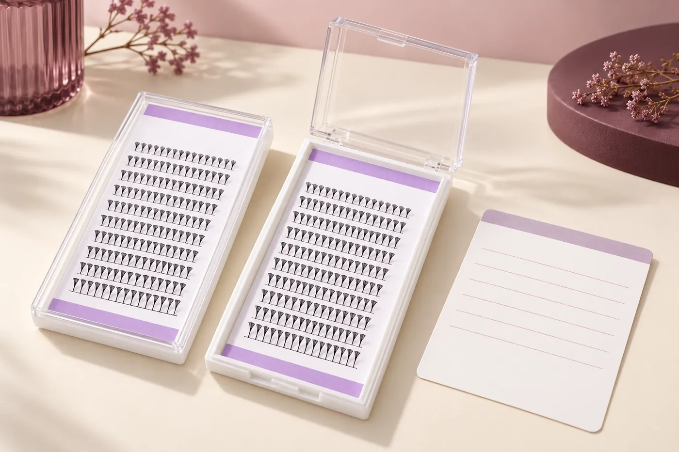 Two small spire lash trays beside a blank sample record card