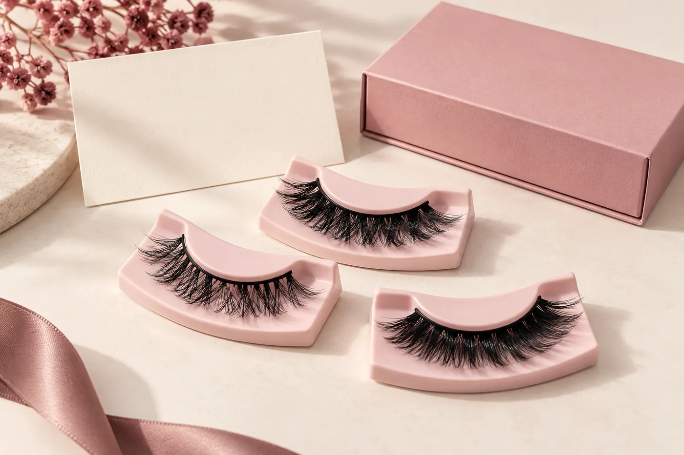 Three full-strip lash styles on separate pink holders beside a blank card and carton