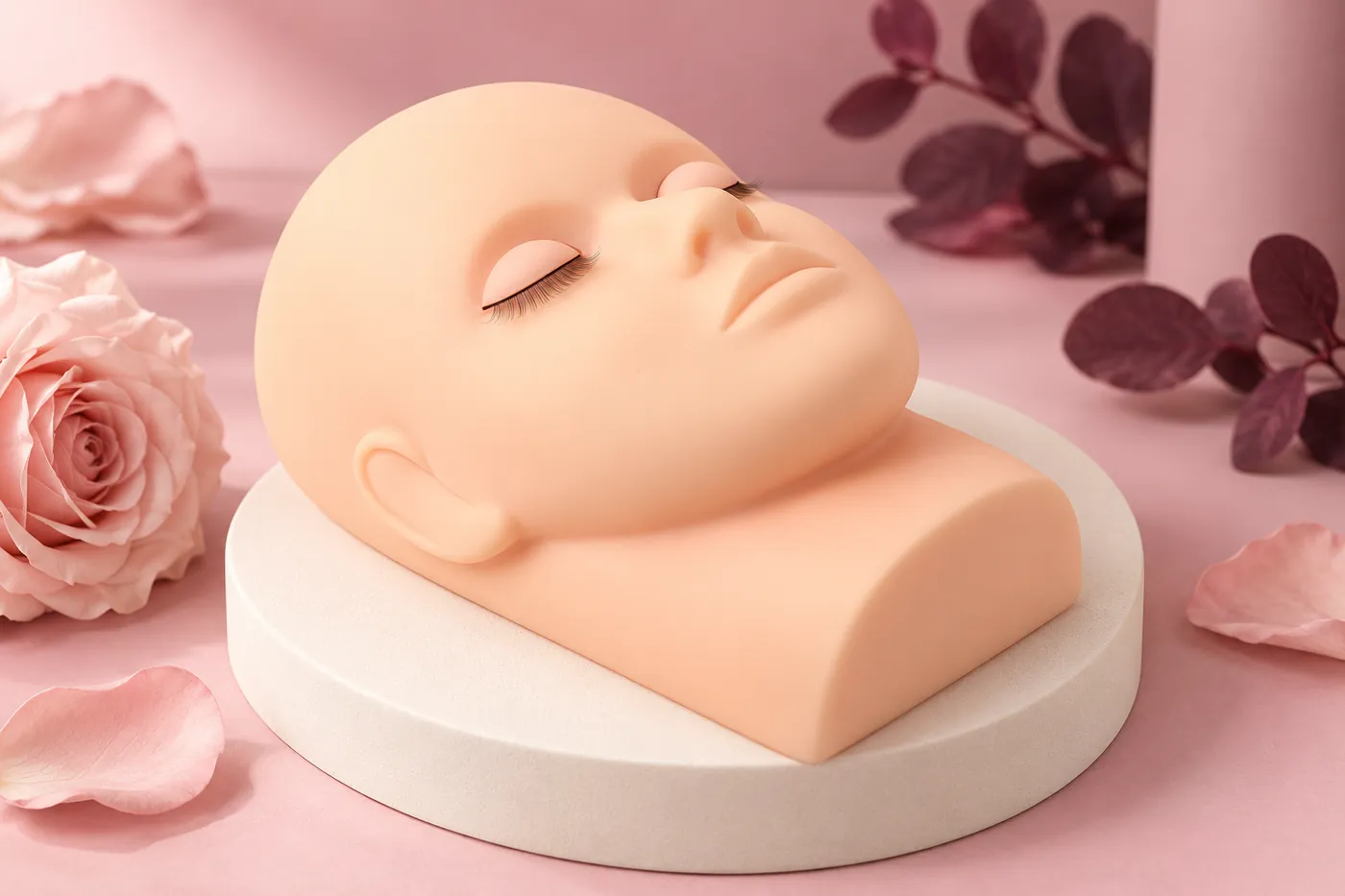 Artificial peach silicone lash practice head on an ivory display surface