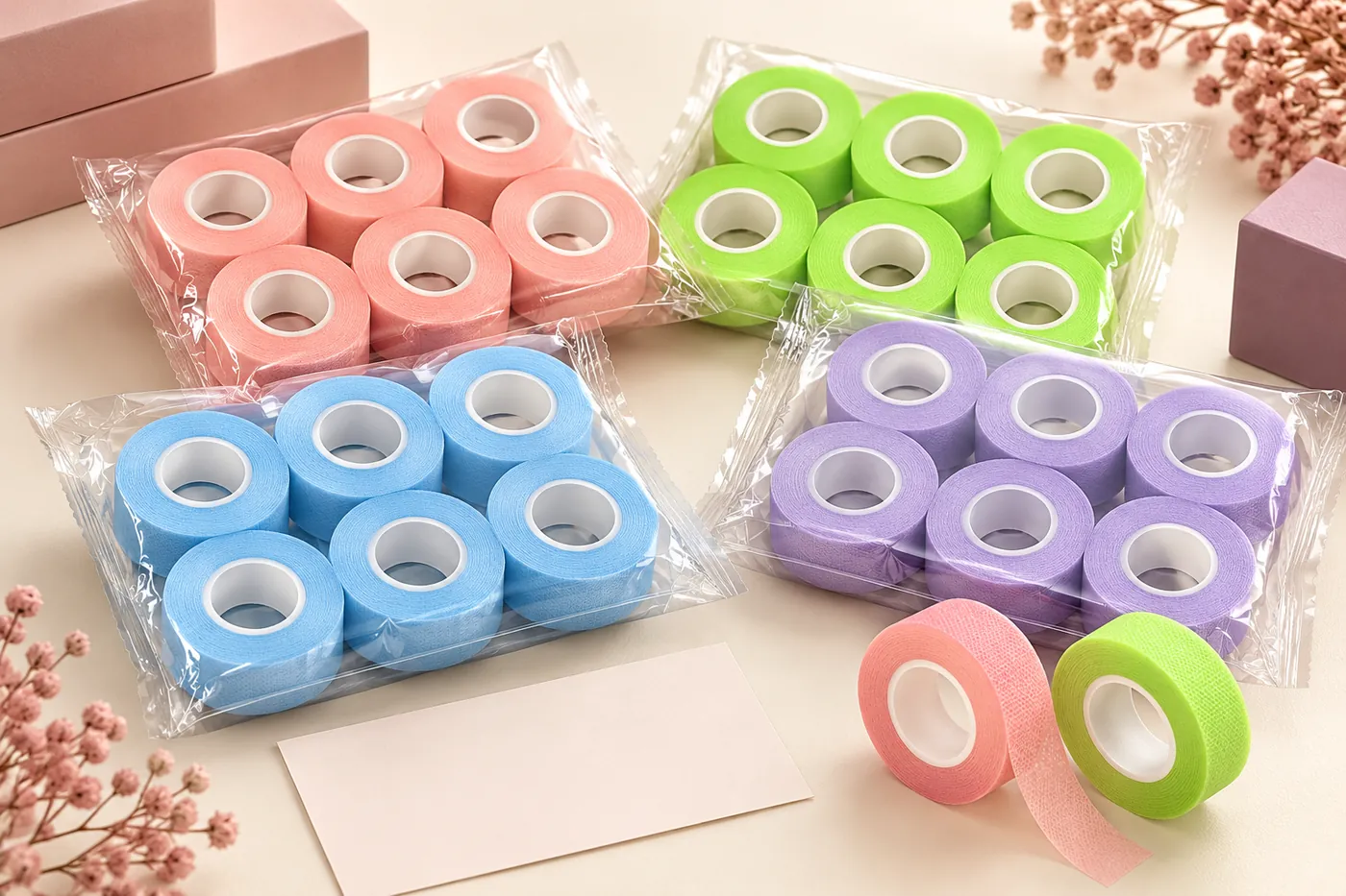 Bagged coloured tape rolls beside a blank stock-planning card