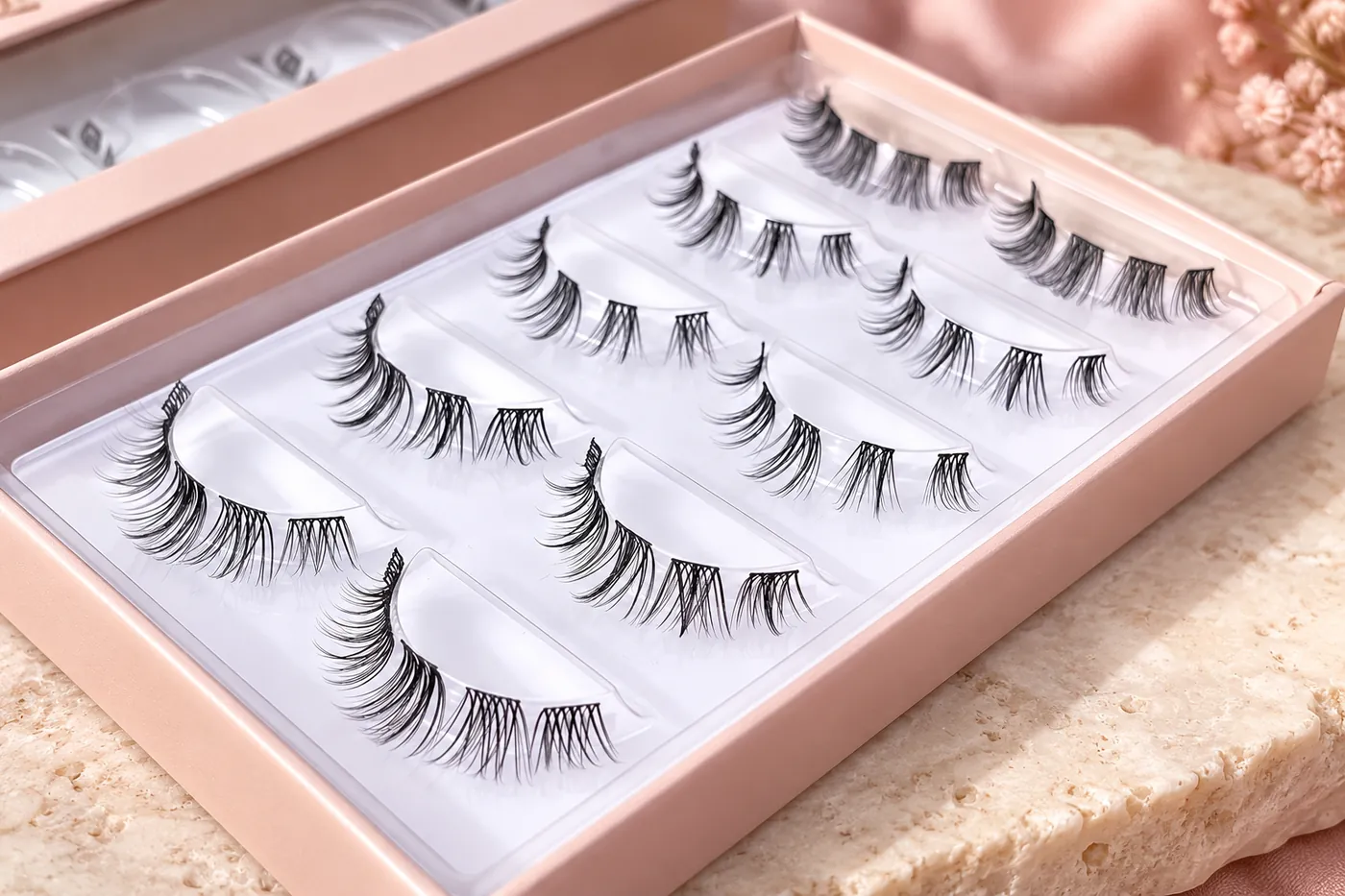 Close view of separated black cluster lashes in a three-row tray