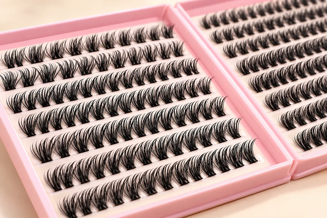 Low-angle detail of tapered cluster fibers and small bases across several lash-book rows