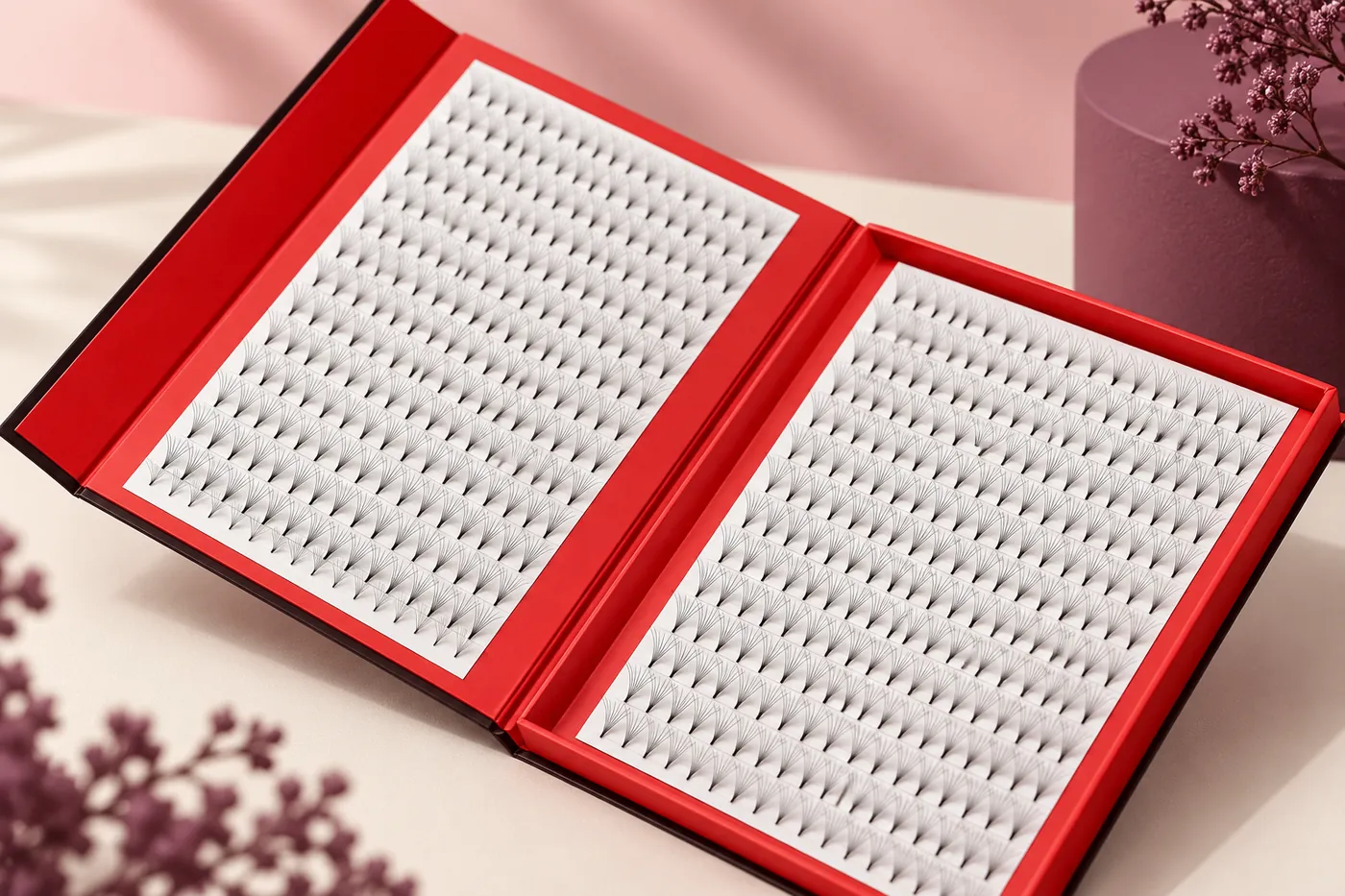 Macro view of tiny separate premade fan bases in a red-edged tray