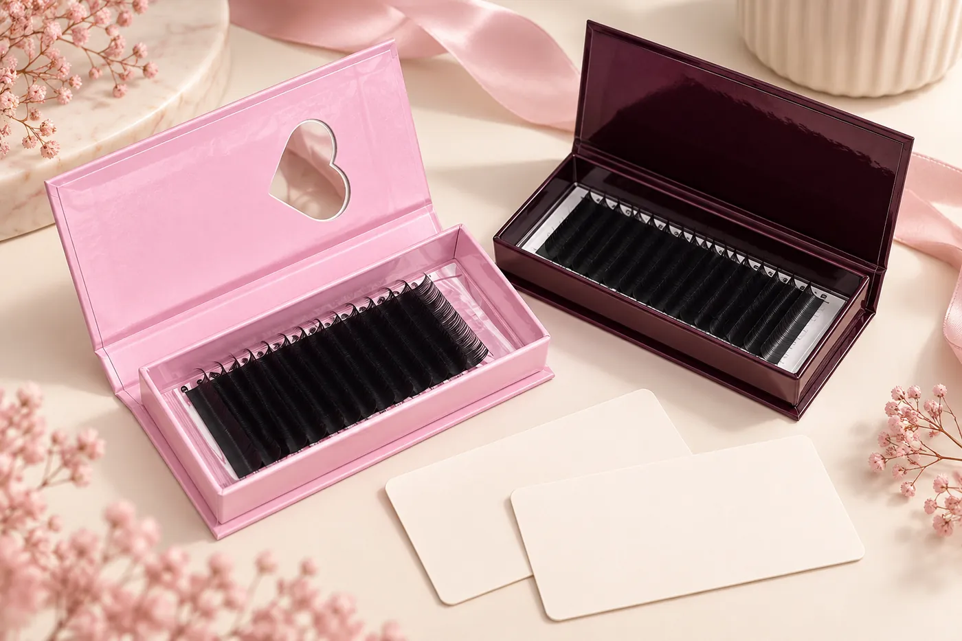 Pink and dark professional lash cartons beside blank variant record cards