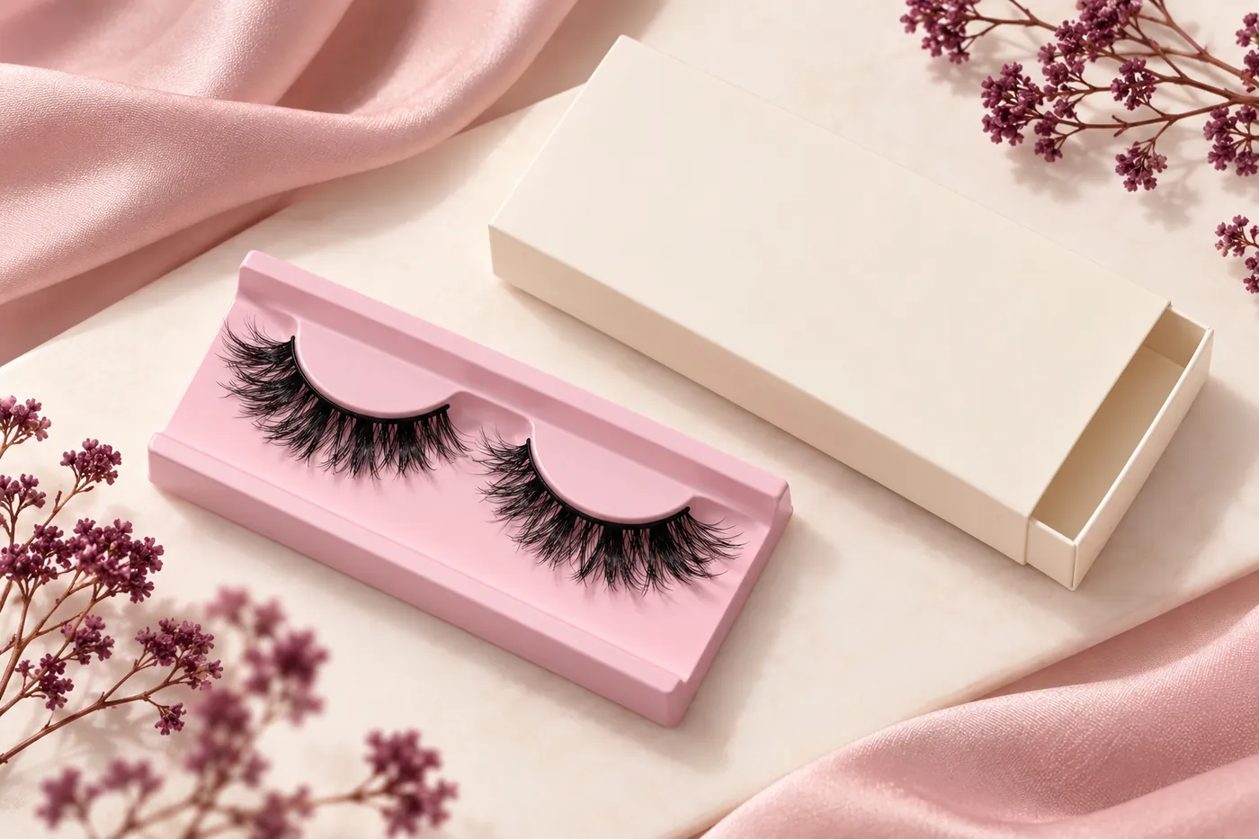 Fluffy strip lash pair on a pink holder beside an unprinted cream sleeve