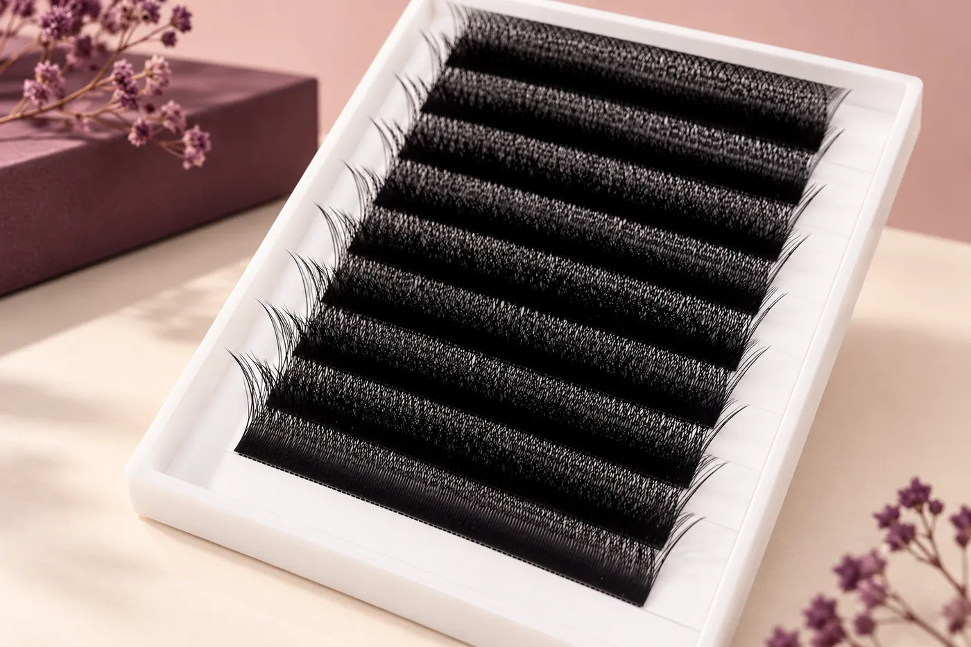 White professional tray with dark forked YY lash rows
