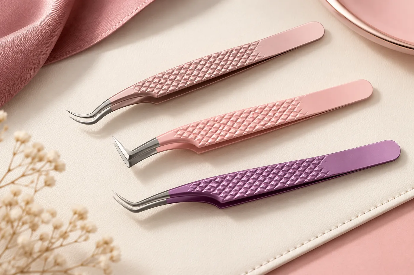 Separated rose-gold, pink and purple textured lash tweezers