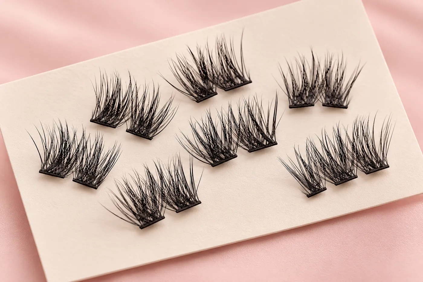Separate wispy black cluster lash segments on an ivory sample card