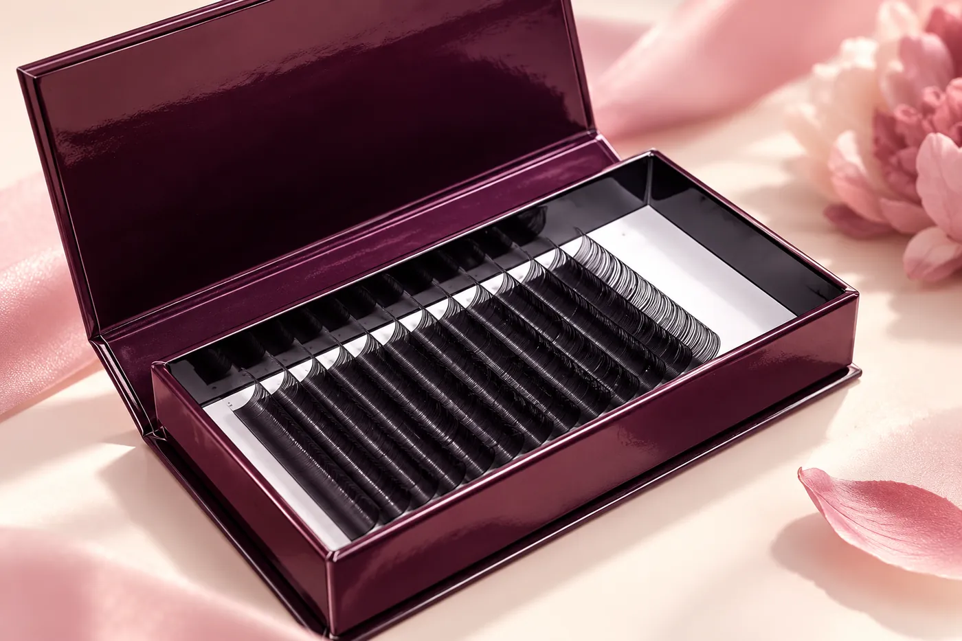 Close view of curled black individual lash rows in an open dark carton
